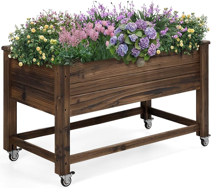 Cedar Wood Outdoor Raised Garden Bed Planter Box with Locking Wheels 41x21x20 inch Carbonization Color
