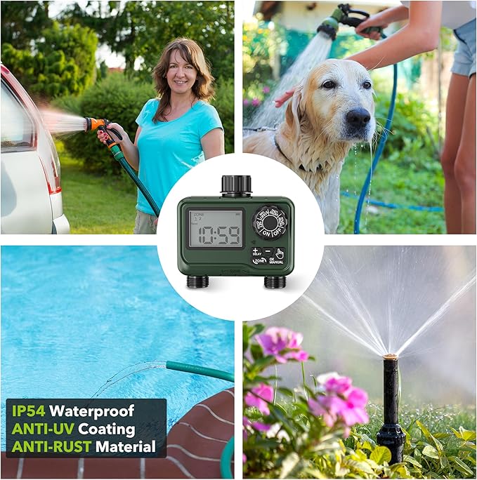 BN-LINK Sprinkler Timer Outdoor - 2 Zone Programmable Water Timer with Rain Delay Automatic Irrigation System for Lawns &amp Garden Hoses - Waterproof Manual Controller with Large LCD Display