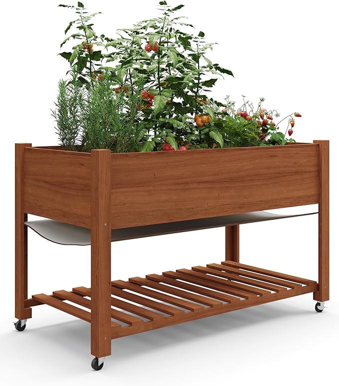 GarveeHome Raised Garden Bed 48x24x32 in Mobile Elevated Wood Planter Raised Beds w/Lockable Wheels Storage Shelf and Protective Liner for Indoor/Outdoor GardeningAcorn Brown