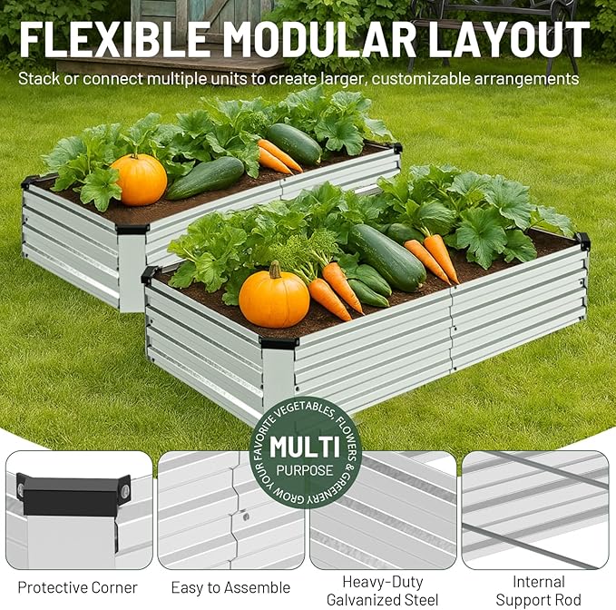2 Pack 6x3x1FT Galvanized Metal Raised Garden Bed Kit for Vegetables Herbs Open-Bottom Large Capacity Outdoor Planter Box Gardening Stakes Silver