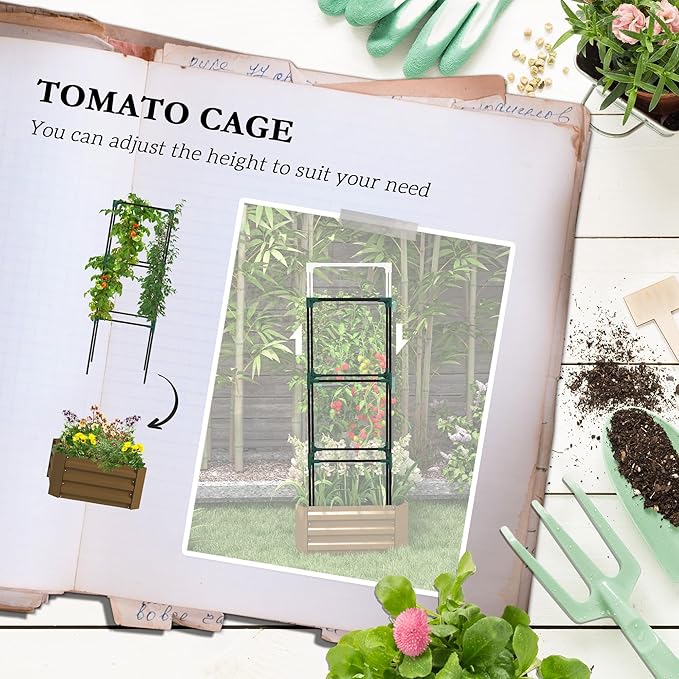 Outsunny Galvanized Raised Garden Bed 55 Tall Outdoor Planter Box with Trellis Tomato Cage and Open Bottom for Climbing Vines Vegetables Flowers in Backyard Garden Patio Brown