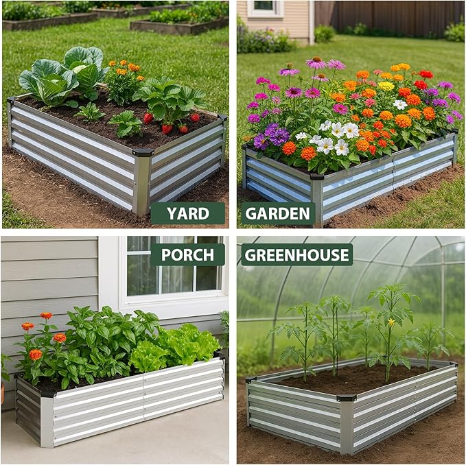2 Pack 6x3x1FT Galvanized Metal Raised Garden Bed Kit for Vegetables Herbs Open-Bottom Large Capacity Outdoor Planter Box Gardening Stakes Silver