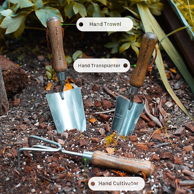 GOODSMANN Garden Tools Set 3 Piece Stainless Steel Gardening Kit Hand Trowel Marker Measurements Transplanter and Cultivator Garden Hand Shovel for Digging Weeding Planting Turning Soil