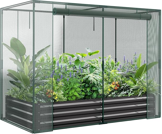 DoCred Crop Cage with Raised Garden Bed 72.8 x 37.4 x 59 Plant Protection Tent Garden Cages with Window 2 in 1 Galvanized Raised Garden Bed Kit and Mesh Cover for Garden Yard Lawn
