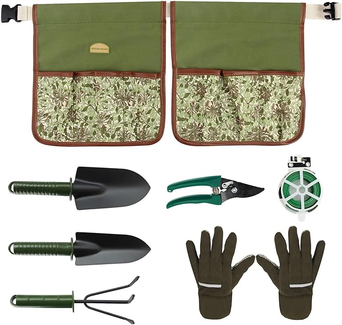 Garden Tool Set 8 Pcs Stainless Steel Heavy Duty Metal Gardener Gardening Hand Tool Set with Belt Bag Includes 8 Small Pockets Outdoor Heavy Duty Gardening Work Set with Ergonomic Handle