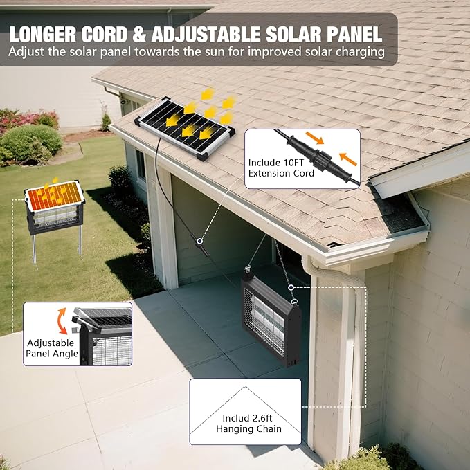 Solar Bug Zapper Outdoor 4500V Mosquito Zapper Waterproof with Panel Sensor Electric Fly Zapper Rechargeable Mosquito Killer with 10FT Extension Cord Fly Trap Ideal for Patio Backyard Camping