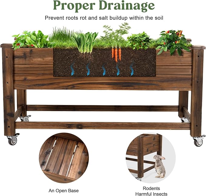 Cedar Wood Outdoor Raised Garden Bed Planter Box with Locking Wheels 41x21x20 inch Carbonization Color