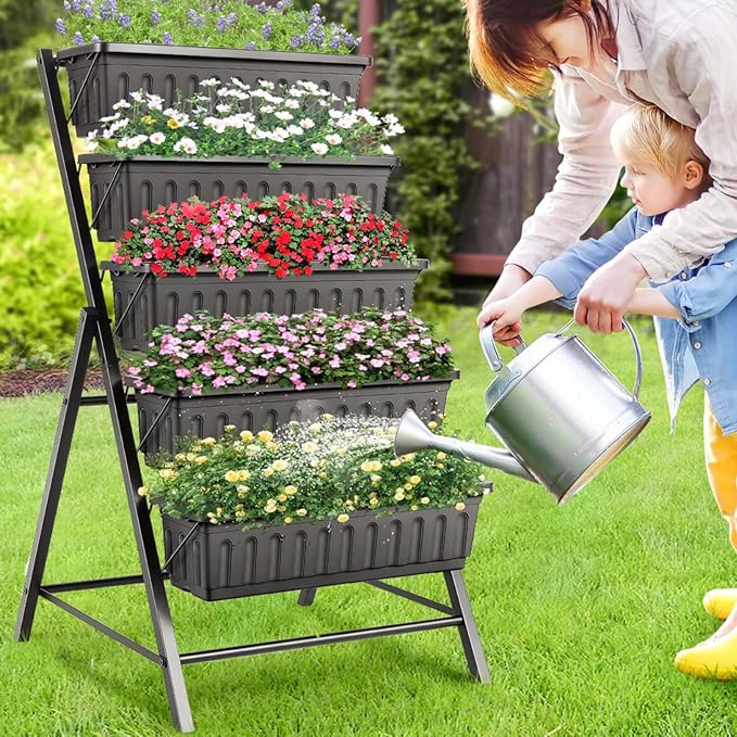 Suyncll Vertical Raised Garden Bed Planter Box5 Tiers Vertical Garden Planter with Drainage System&amp4 Hooks for Herb Vegetables Flowers