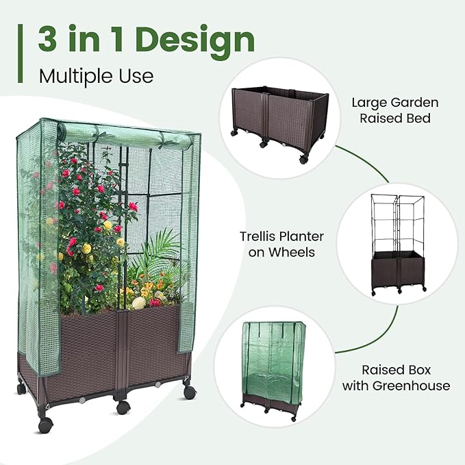 MAYOLIAH 3-in-1 Raised Garden Bed Large Planter Box with Trellis &amp Cover on Wheels Plastic Tomato Planter with Greenhouse for Deep Rooted &amp Climbing Plants 31.5x15.7x53-inch Brown
