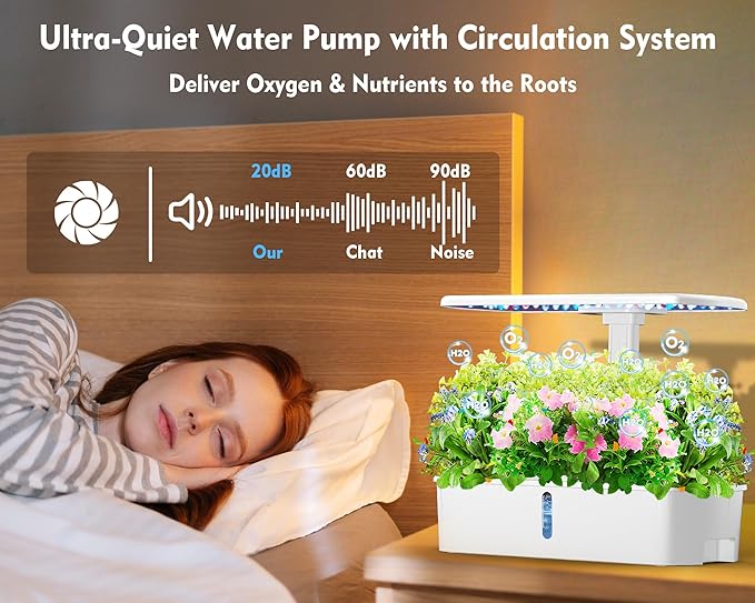 Hydroponics Growing System Kit 12 Pods Hydroponic Herb Garden Kit Indoor with 24W LED Grow Light Smart Indoor Garden Height Adjustable Auto Timer Quiet Pump Gardening Gifts for Mom Women White