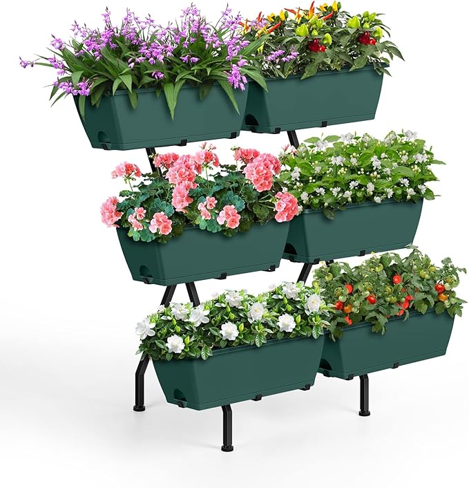 2 Column Vertical Raised Garden Beds 6 Planter Boxes Standing Garden Bed Outdoor/Indoor Herb Garden Tiered Planter with Drainage Holes &amp Removable Trays for Flowers/Vegetables/Plants (Green)