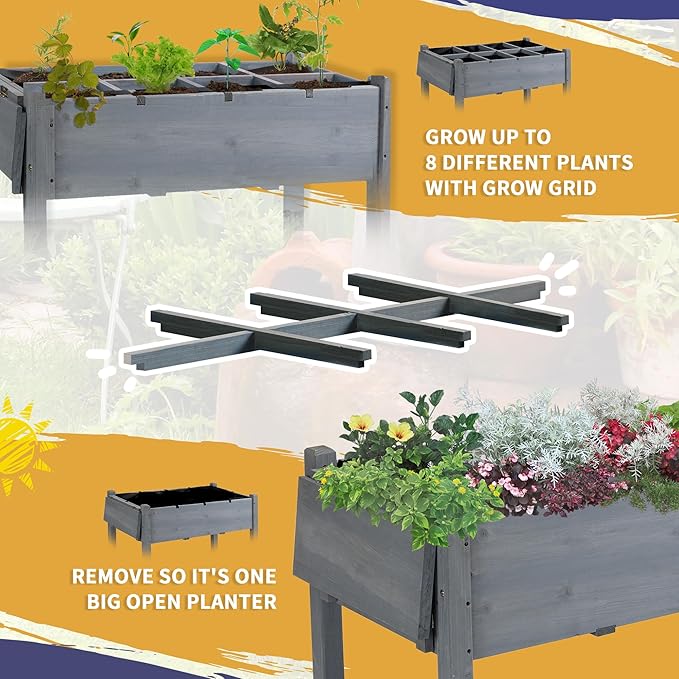 Outsunny Raised Garden Bed with 8 Grow Grids Wooden Outdoor Plant Box Stand with Folding Side Table and Wheels 49 x 21 x 34 for Vegetables Flowers Herbs Gray