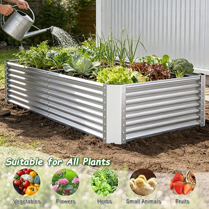 Galvanized Raised Garden Bed Kit Outdoor Patio8x4x2ft Large Rectangular Metal Planter BoxesDeep Root Box Planter for Gardening Vegetables Flowers Herbs 1 Pack Silver