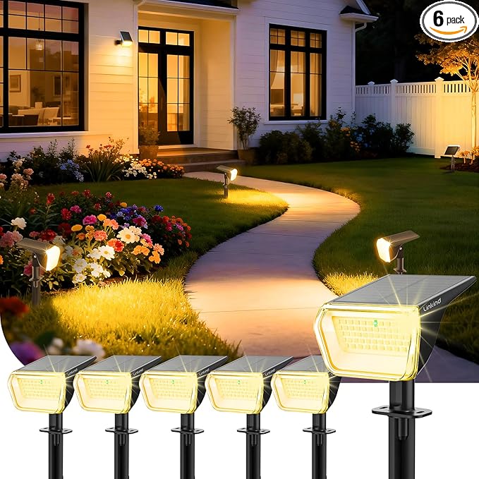 Linkind Solar Spot Lights Outdoor Waterproof IP67 60 LED Solar Flood Lights 30% High Conversion Landscape Lighting for Garden Yard Pathway (6 Pack Warm White)