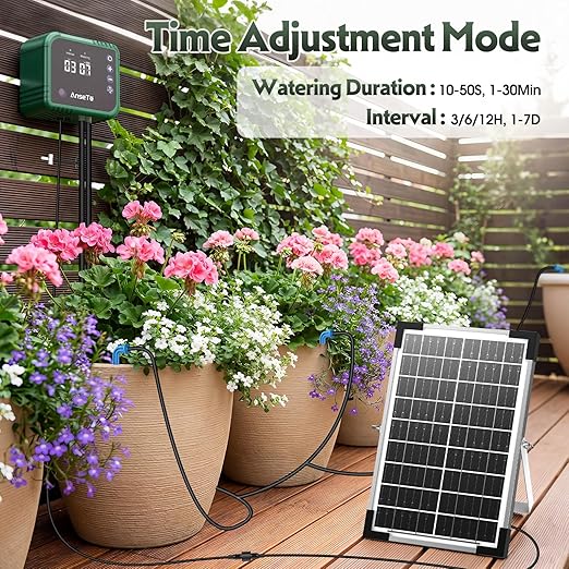 8W Solar Drip Irrigation System for Gardens DIY Automatic Drip Kit Supports Watering 30 Pots Includes 35m Drip Hose and 30 Emitters Suitable for Gardens/Greenhouses/Outdoor Irrigation Timer