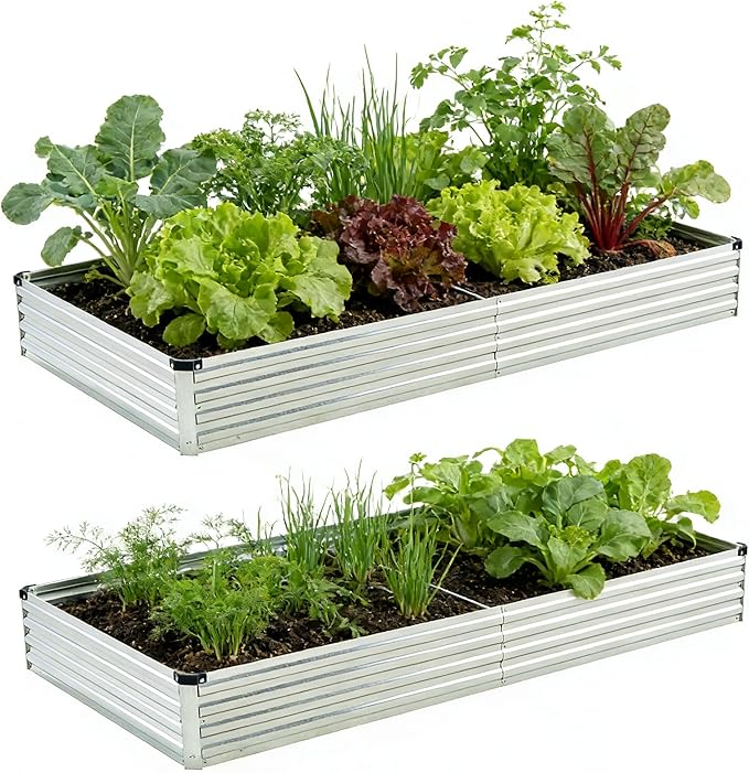 8x4x1ft(2 PCS) Galvanized Raised Garden BedOutdoor Planter Box Metal Patio Kit Planting Bed for Vegetables Flowers HerbSilver
