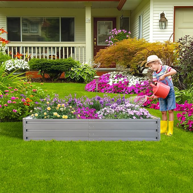 6 x 3 x 1 ft Metal Raised Garden Bed Durable Planter Boxes Outdoor Raised Flower Bed for Vegetables Herbs Flowers Easy to Assemble Spacious Raised Beds for Gardening (Grey)