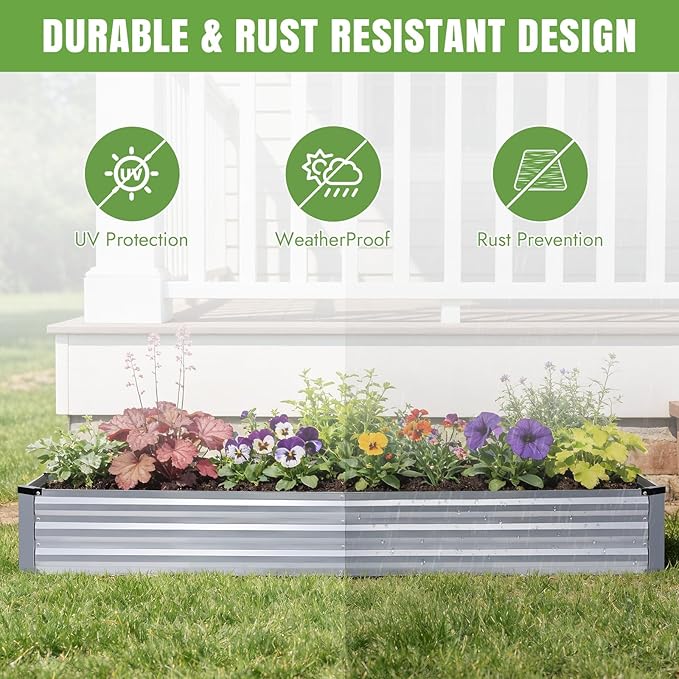 INNO STAGE Galvanized Raised Garden Bed Kits 8x2x1ft Metal Raised Garden Beds Outdoor Large Steel Raised Planter Bed with Gloves for Vegetables &amp Flowers Patio Ground Planter Box(Silver 2PCS)