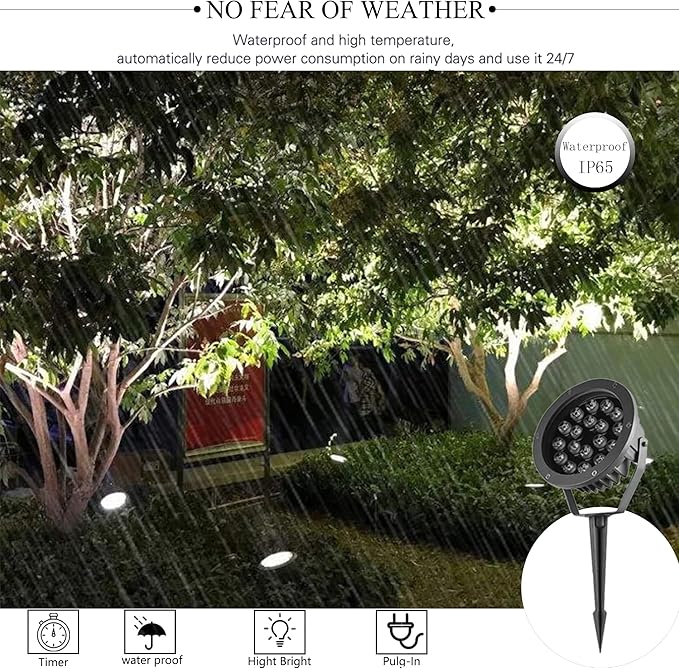 Outdoor LED Spotlight Waterproof Bright Outdoor Landscape Automatic Timer Mini Lawn Lamp 18W Graden Lights with Spiked Stand Lawn Decorative Lamp with Plug Courtyard Flag Light Warm White