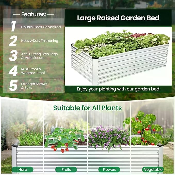 Homdox 6x3x2FT Galvanized Raised Garden Bed 0.8mm Thickened Planter Raised Beds Large Metal Planter Box for Vegetables Flowers Herbs and Succulents 269 Gallon Capacity Silver