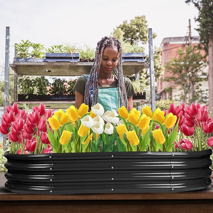 Raised Garden Bed GRS Certified Galvanized Planter Box Outdoor 8ft Oval Rot-Resistant Metal Garden Bed Planter Recycled Eco-Friendly Material Planter for Vegetables Flowers Herbs (Black)