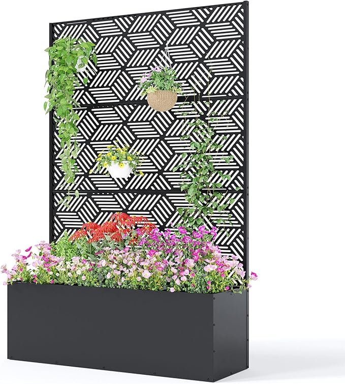 Metal Planter Box with Trellis 71X47X16 Privacy Planter for Patio Large Raised Garden Bed with Privacy Screen for Climbing Plants with Drainage Holes 15.7 Deep Planting Bed