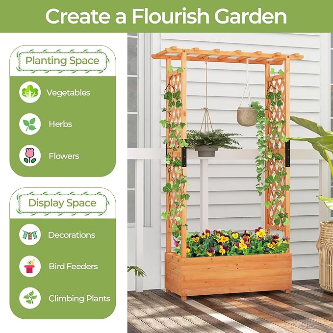 LDAILY Raised Garden Bed with Trellis Above Ground Garden Bed with Hanging Roof Side Trellis &amp 4 Drainage Holes Planter Box for Outdoor Climbing Plants Vines Flowers (1 43.5L x 17.5W x 72H