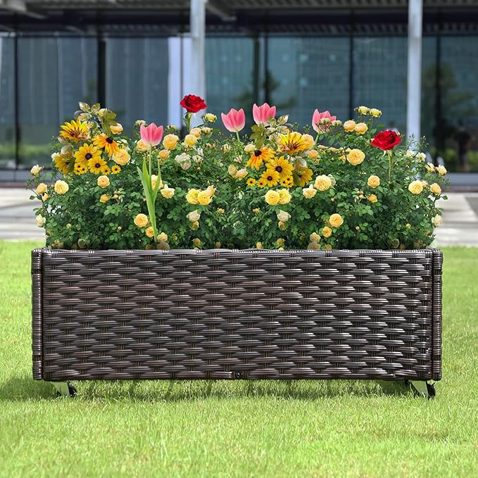 Raised Garden Bed with Wheels - Rattan Wicker Elevated Raised Garden Bed Outdoor Raised Planter Box for Vegetables Grass Lawn Yard 38 x 14.5 x 12 in Brown