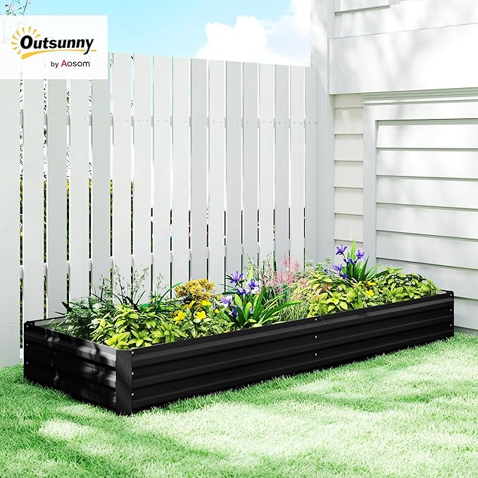 Outsunny Galvanized Raised Garden Bed 8' x 3' x 1' Metal Planter Box for Growing Vegetables Flowers Herbs Succulents Black