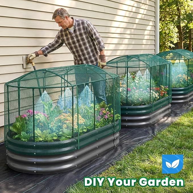 Quictent Galvanized Raised Garden Bed Kit with Self Watering System and Mesh Cover Large Oval Metal Outdoor Planter Garden Boxes for Vegetables Herbs Flowers 6x3x1Ft