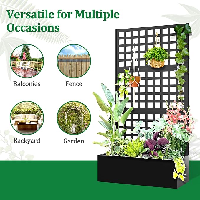 Metal Raised Garden Bed with Trellis 2 in 1 Trellis with Planter Box &amp Privacy Screen for Climbing Plants Vine Outdoor Standing Flower Beds with Drainage Holes 35.4 L x 16.7 W x 70.8 H Bla