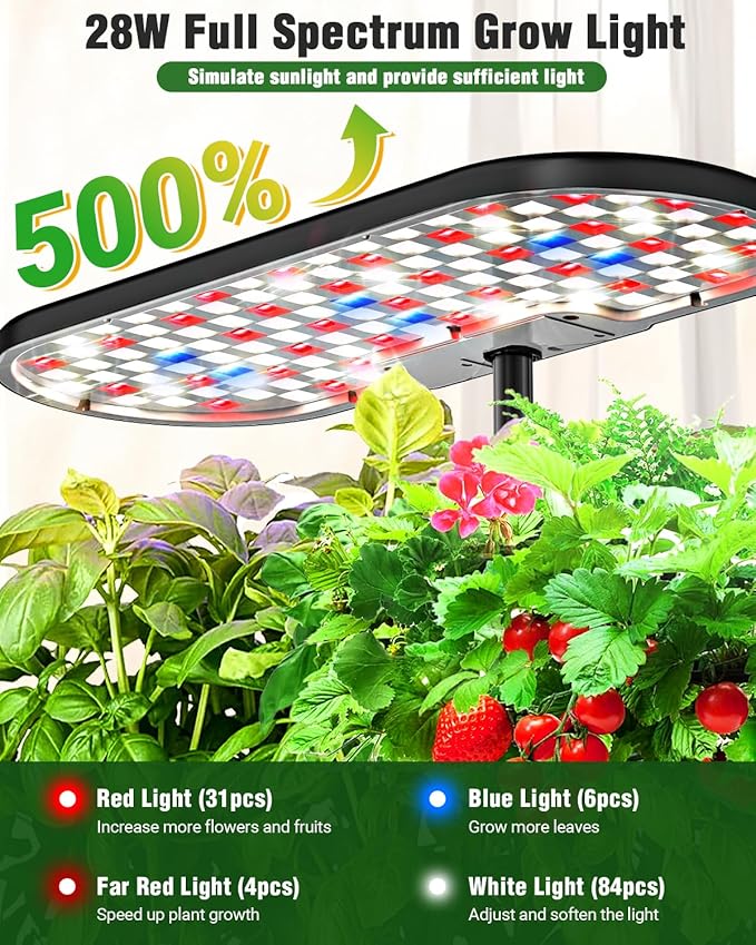 Hydroponics Growing System Kit 16 Pods Indoor Garden with 28W Full Spectrum LED Grow Light Auto Timer 3 Smart Light Modes 8L Large Herb Garden Ideal Gardening Gift for Women Men (Black)