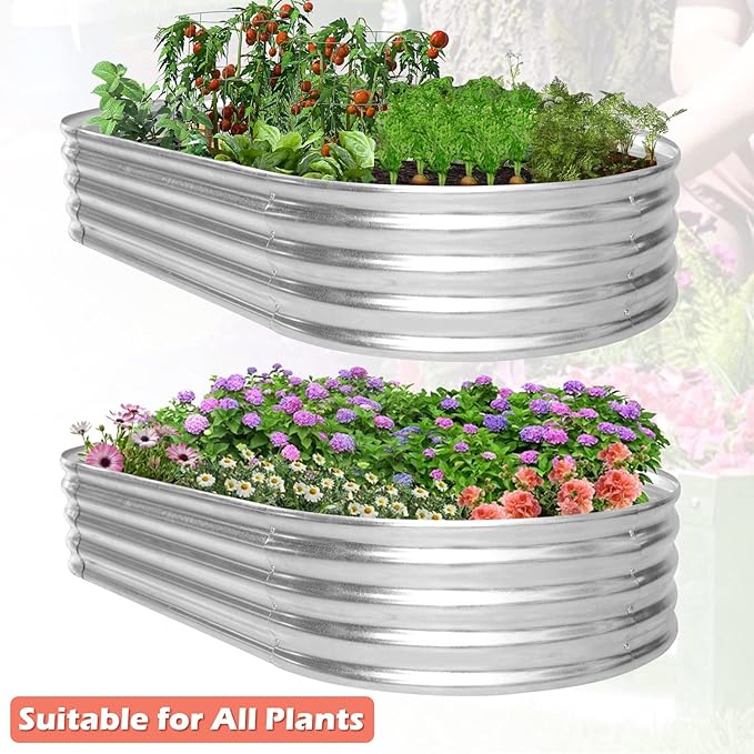 HKLGorg Galvanized Raised Garden Bed 6 x 3 x 1ft Galvanized Metal Planter Box Oval Large Raised Garden Beds for Flowers Vegetables and Fruits Rustproof Planter Box with No Bottom Silver