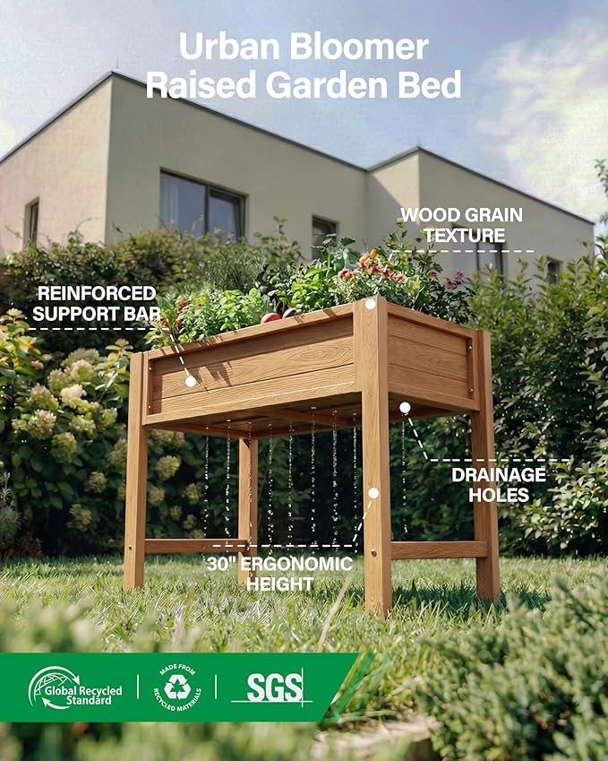 YEFU Raised Garden Bed for Outdoor: 34x30x18in Teak Raised Garden Bed with Legs to Plant Herbs Vegetables Flowers - Easy to Assembly Elevated Planter Box for Organic Home Gardening in Patio/Backyard