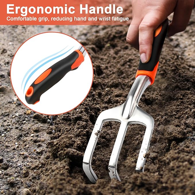 Hand Rake Garden Tool Heavy Duty Hand Cultivators for Gardening + Garden Tools Set 8 Piece Gardening Tools Set