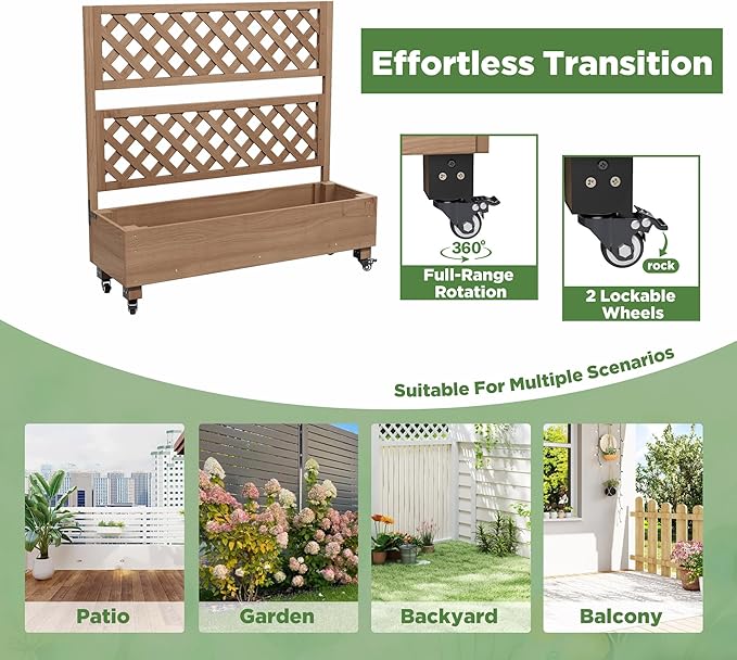 Raised Garden Bed with Wheels Outdoor Large Garden Planter Box Tomato Flower Pots with Standing Diamond Lattice Trellis for Vegetables Vines Herbs Fruits &amp Climbing Plants (Grid Upright Trellis)