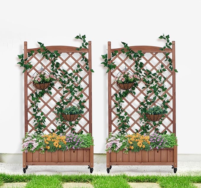 Raised Garden Bed with Trellis 2 Pack Wood Planter Box Plant Stand with Climbing Racks Raised Garden Bed for Climbing Plants (Walnut)