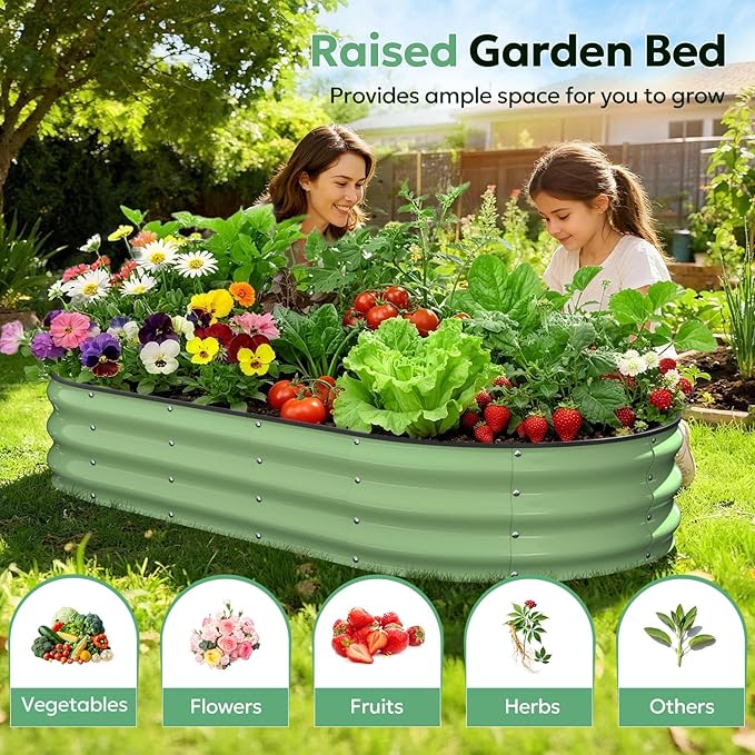 Raised Garden Bed 6×3×1 FT Galvanized Raised Planter Box Oval Vegetable Planting Container with Safety Edge Trim Fruit Green for Backyard Fence Line Side Yard Family Gardening