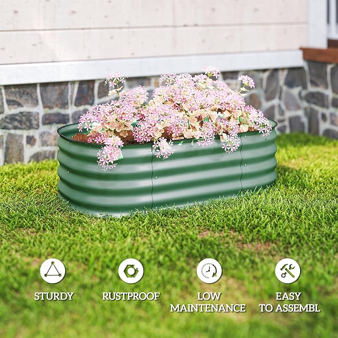 Outsunny 3.5' x 2' x 1' Galvanized Raised Garden Bed Kit Outdoor Metal Elevated Planter Box with Safety Edging Easy DIY Stock Tank for Growing Flowers Herbs &amp Vegetables Green