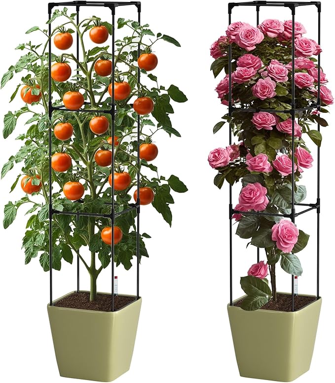 SUNYRISY 2Pack Planter Box with Tomato Cage Self Watering Tomato Planter Box with Trellis Raised Garden Bed with Wheels for Climbing Plants Vegetable Vine Flowers Outdoor Patio Sage Green
