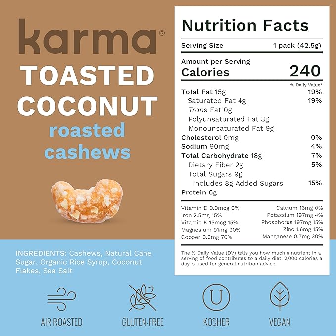Toasted Coconut Cashews by Karma Nuts Whole Sweet Roasted Vegan Gluten Free Low Net Carb Natural Everyday Nut Snack 1.5 Ounce (12 Snack Packs)