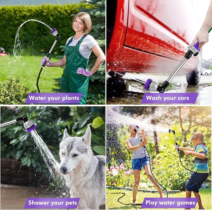 RESTMO Metal Watering Wand Heavy Duty Garden Hose Wand with 180° Swivel Ratcheting Head 16'' Hose Nozzle Sprayer with 7 Spray Patterns and Flow Control for Water Hanging Baskets and Shrubs Purple