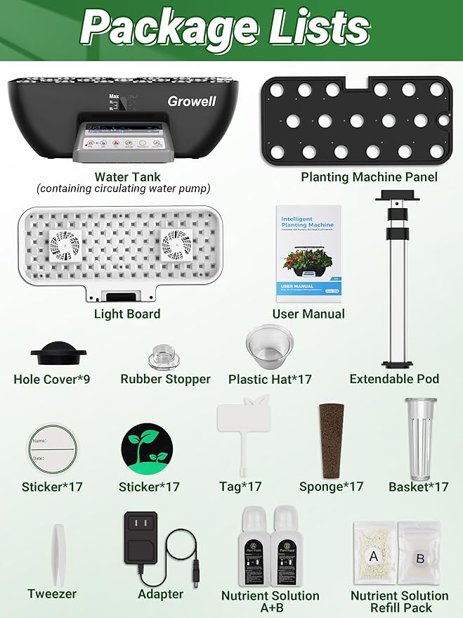 Hydroponics Growing System Kit 17 Pods Herb Garden with 102 28W Full-Spectrum Grow Lights &amp 2 Fans Indoor Garden with Water Pump 10L Water Tank Auto Timer Height Adjustable (Black &amp Grey)