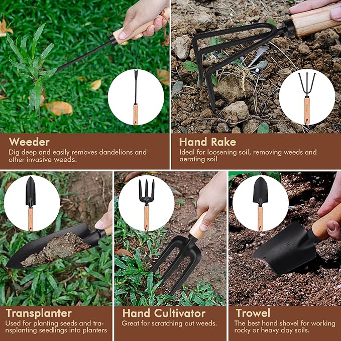 YAUNGEL Garden Tools - 10Pcs Garden Tool Set Heavy Duty Stainless Steel Gardening Supplies Hand Tools with Wooden Handle Storage Tote Bag Ideal Gardening Gifts for Women and Men Black