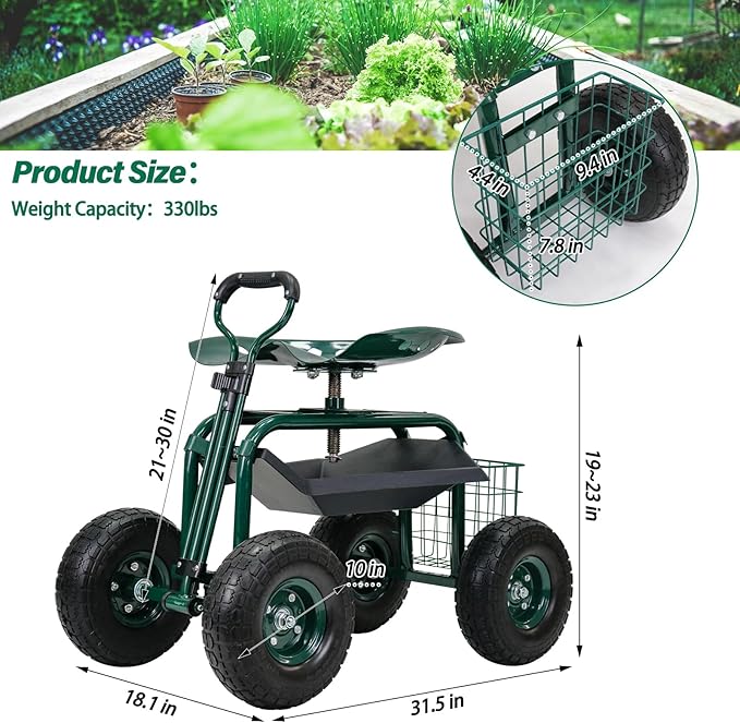 BDL Garden Cart Outdoor Rolling Garden Workseat with Wheels Heavy Duty Garden Tool Cart with Extendable Handle and Storage for Seniors Yard Gardening Work