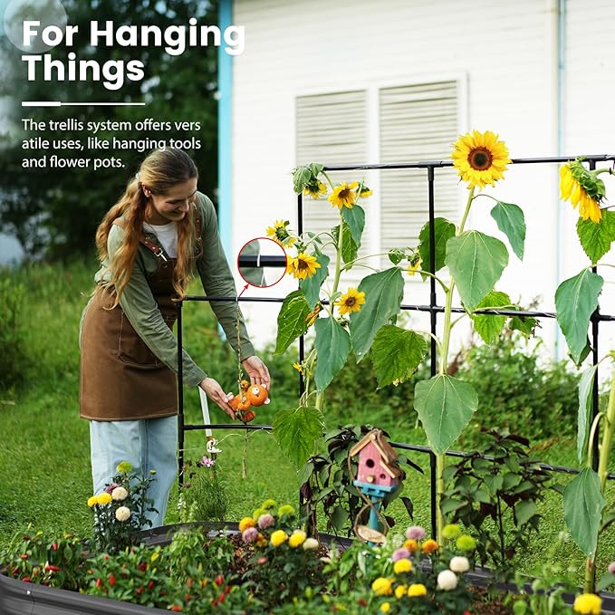 KING BIRD Raised Garden Bed with Wall Trellis Galvanized Planter Garden Box Outdoor for Gardening Climbing Vegetables Flowers 7.87x3.94x0.98 Ft Dark Grey