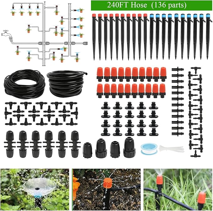 240FT Drip Irrigation System Kit Automatic Garden Watering Misting System for Greenhouse Yard Lawn Plant with 1/2 inch Hose 1/4 inch Distribution Tubing and Accessories