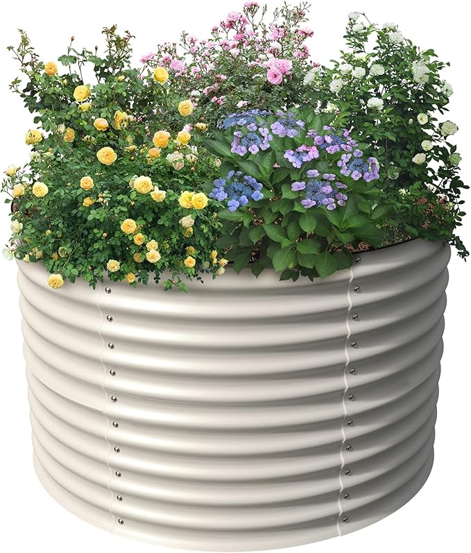 Olle 32 Tall Raised Beds for Gardening Galvanized Raised Garden Beds Round Garden Bed Metal Flower Bed Outdoor Backyard Garden Planter Box Ivory