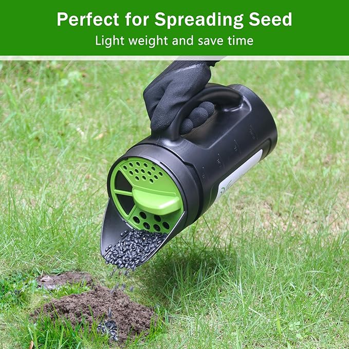 Hand held Spreader Seed Spreader for Ice Melt Grass Seed Fertilizer Lawn and Garden. Multiple Adjustable Opening Sizes for SaltIce Melt Up to 80 Oz