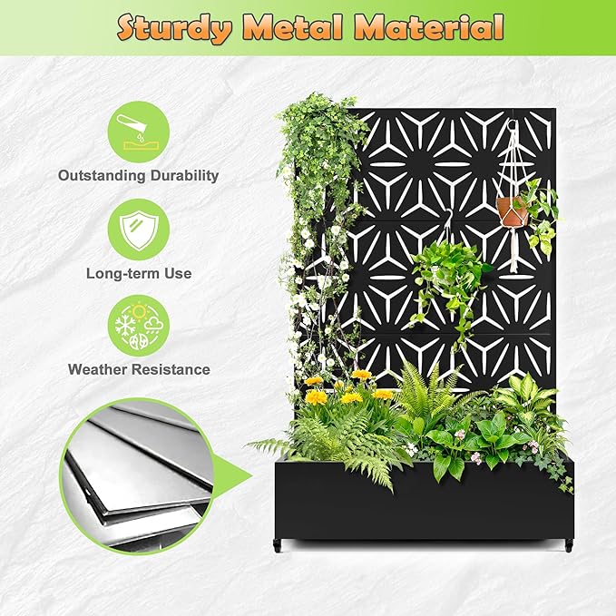 Metal Raised Garden Bed with Trellis 2 in 1 Trellis with Planter Box &amp Privacy Screen for Climbing Plants Vine Outdoor Standing Flower Beds with Drainage Holes47.2L x 16.7W x 70.8H(Black-S